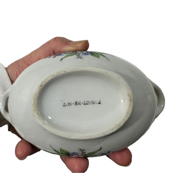 Vtg Forget Me Not White & Blue Flowers Glazed Stoneware Trinket Dish & Lid 7x4” - Picture 11 of 11